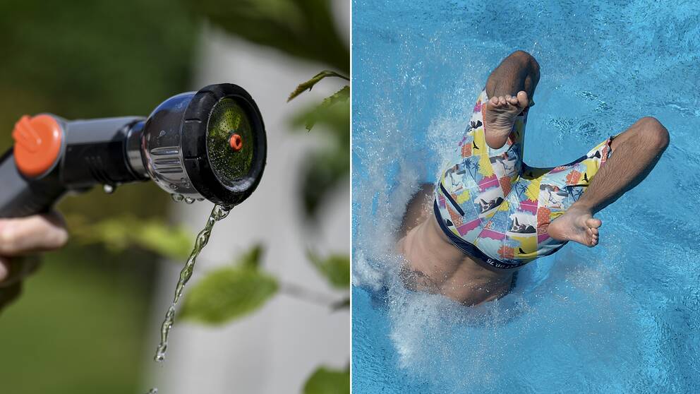 Foto som symboliserar vattenbrist. Droppar från en vattenslang som används vid bevattning. Samt en bild på en pojke som dyker ned i en pool.