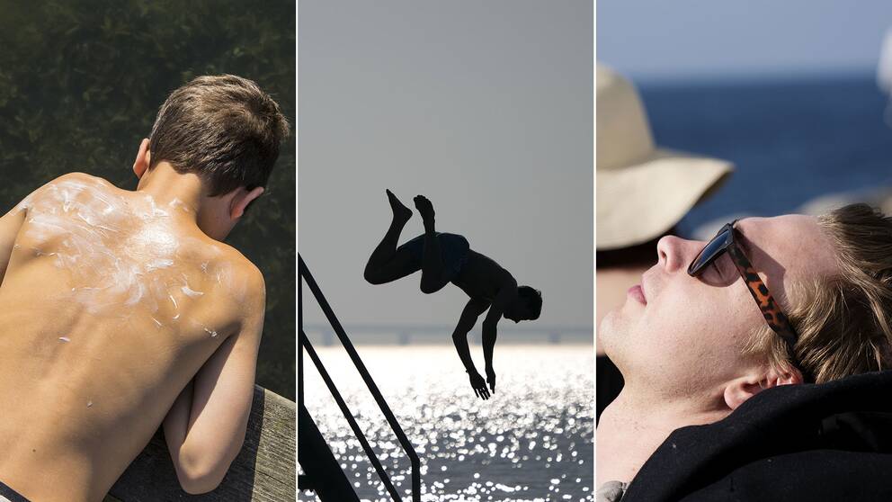 Pojke med solkräm på ryggen, person som dyker ner i vatten, person som solar.