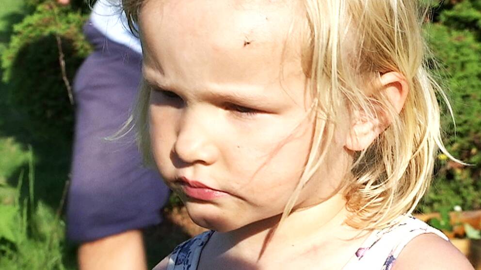 Julia 4 år berättar att myggorna anfaller när hon ska gunga
