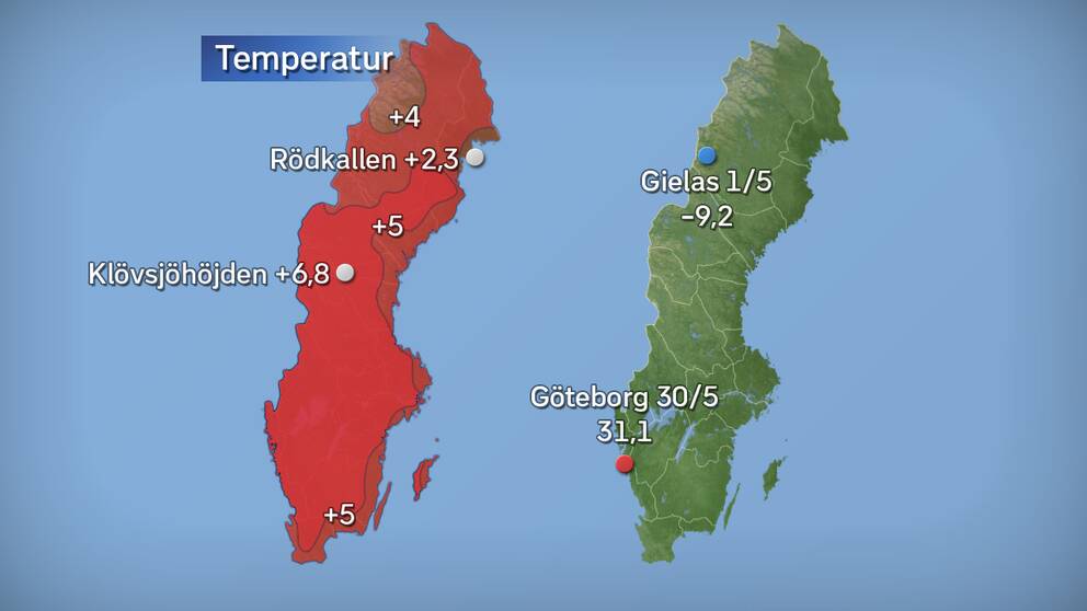 Till vänster månadens medeltemperatur jämfört med referensperioden 1961–1990 (och de stationer som fick störst/minst över/underskott). Till höger månadens högsta och lägsta temperatur. Källor: SMHI och StormGeo.