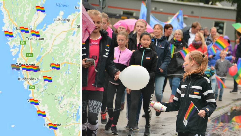 En karta över Västra Götaland och Halland med små regnbågsflaggor på varje ort som har en pridefestival i år. Bredvid den syns en bild från Mellerud Pride, med prideparaden, många unga personer går i den och bär regnbågsflaggor och ballonger.
