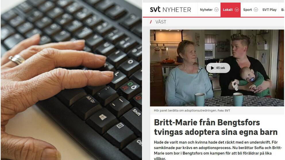 En bild på ett tangentbord och på artikeln om Britt-Marie och Sofia