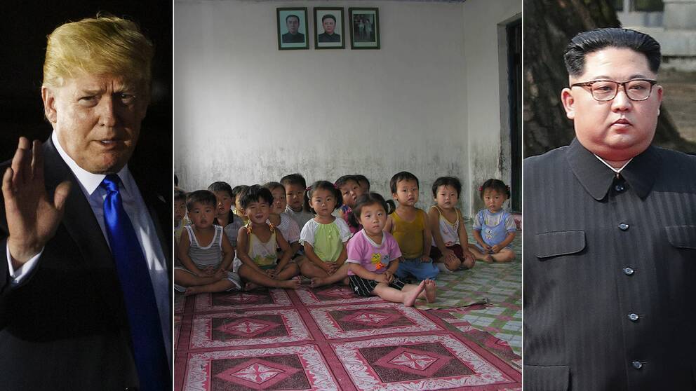 DOnald Trump, Kim Jong-Un och barn på statligt barnhem i Anju City, Nordkorea