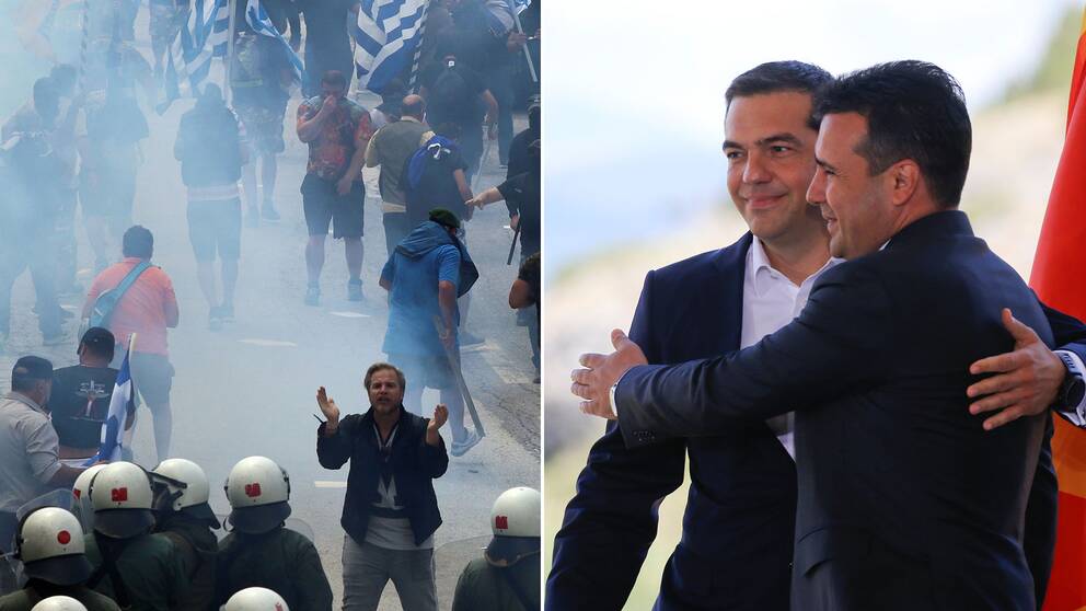 Demonstranter och Greklands premiärminister Alexis Tsipras och numera Nordmakedoniens premiärminister Zoran Zaev.