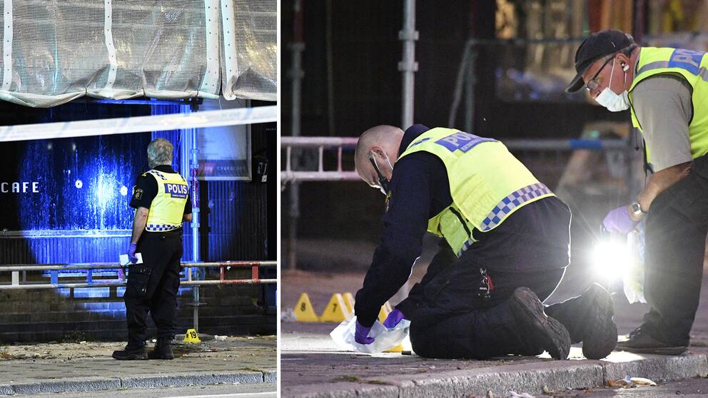 Polisens tekniker på plats vid det kaféet i Malmö, där skottlossningen ägde rum på måndagskvällen.