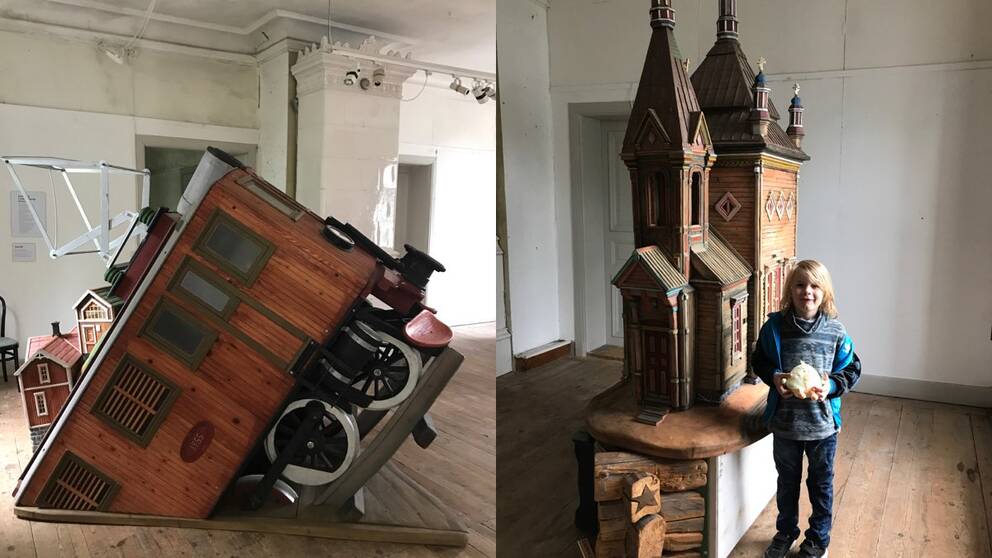 Två av Åberg-verken som nu ställs ut i gamla Rådhuset på Murberget. Till höger ”Ryska kyrkan” där museichefens son Eyvind fungerar som jämförelseobjekt. 