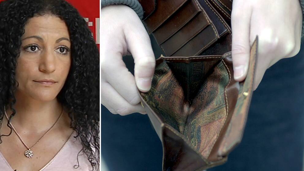 Dubbelbild: porträtt på sara azzizi och barnhänder som håller upp en tom plånbok