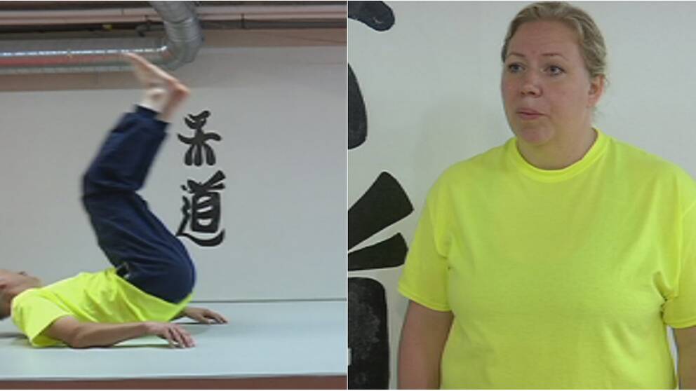 dubbelbild: man som faller på rygg med benen i vädret, kvinna i halvfigur – båda i gul t-tröja