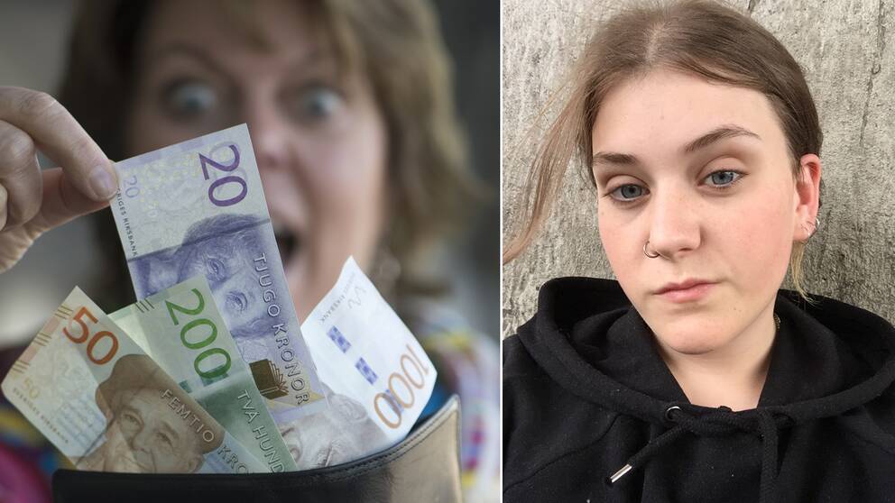 En kvinna som håller upp en plånbok med sedlar. Till höger en bild på Emma Florin.