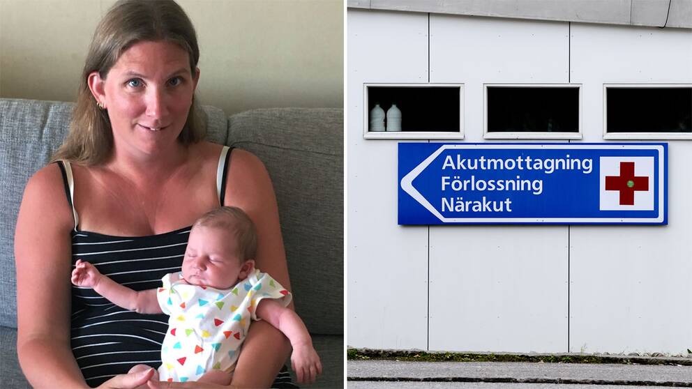 Mikaela med dottern Saga och en bild från Södertälje sjukhus.