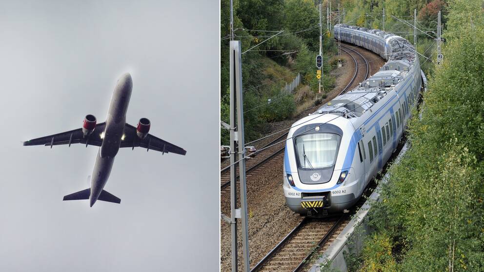 Ett flygplan i luften, sammansatt med ett tåg.