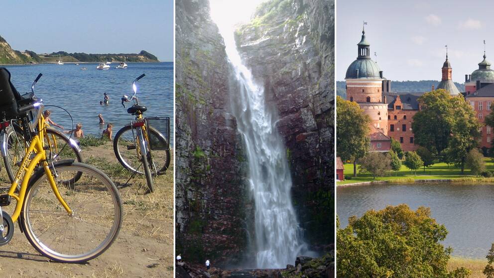 Gula cyklar vid vattnet, ett forsande vattenfall och ett slott vid vattnet omringat av träd.