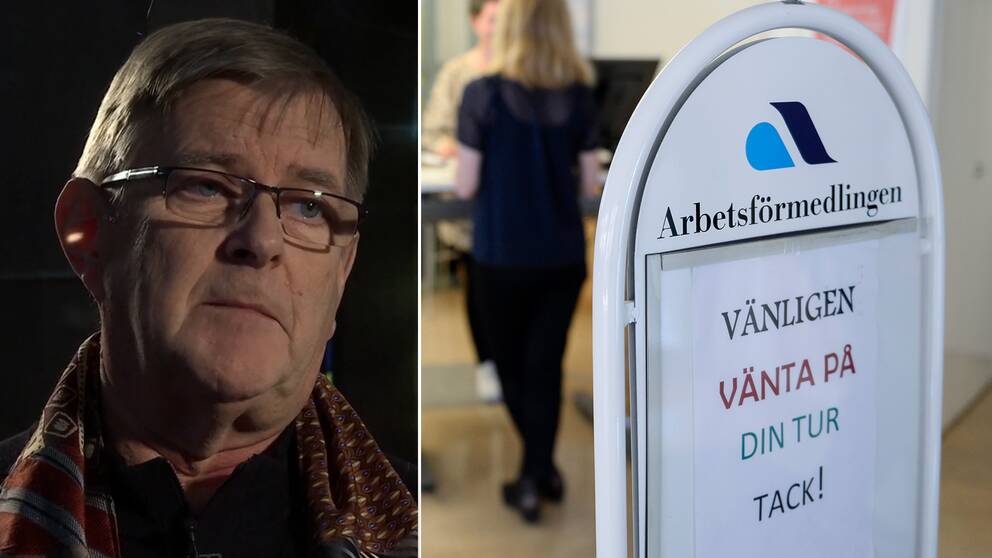 Lasse Reuterberg och en bild från skylt på Arbetsförmedlingen där det står ”Vänligen vänta på din tur tack”.