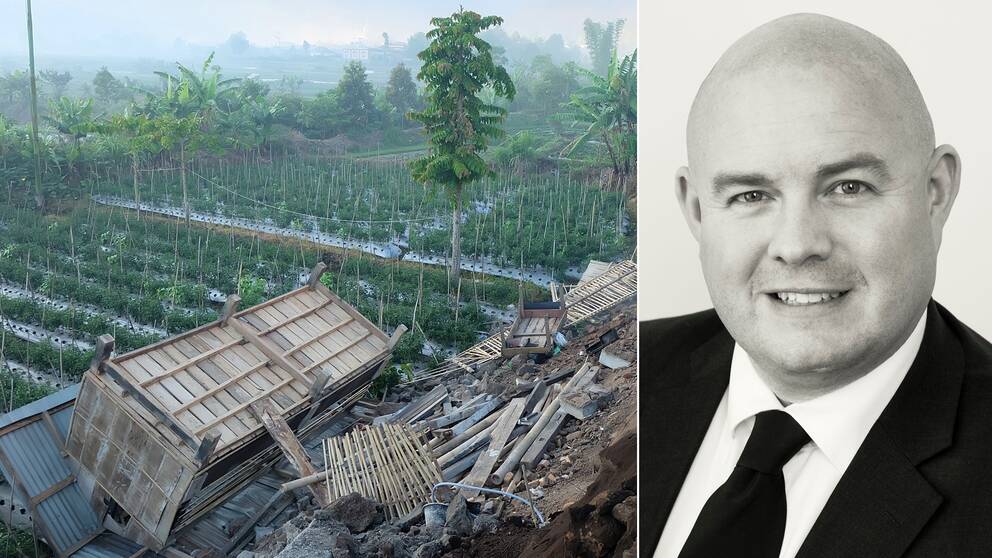 ”Jag låg och sov och vaknade av att hela rummet skakade”, säger svenske Carl Höglund som befinner sig på Bali. Till vänster förödelsen på grannön Lombok som drabbades hårt av jordskalvet natten till söndagen.