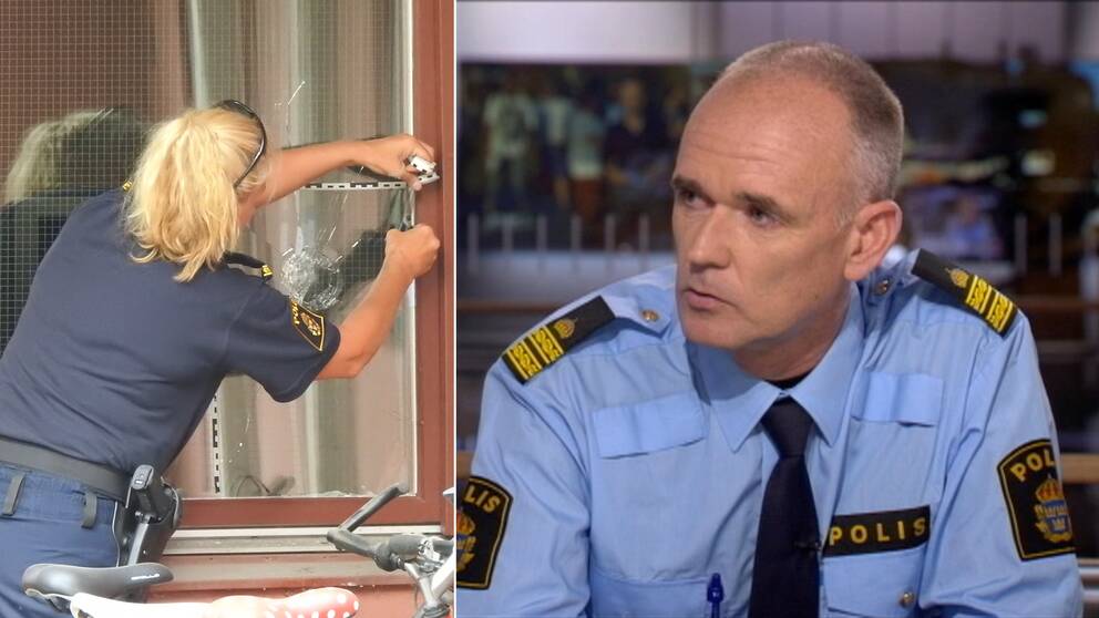 Till vänster en polis vid ett skotthål i ett fönster. Till höger Martin Lundin i SVT:s studio.