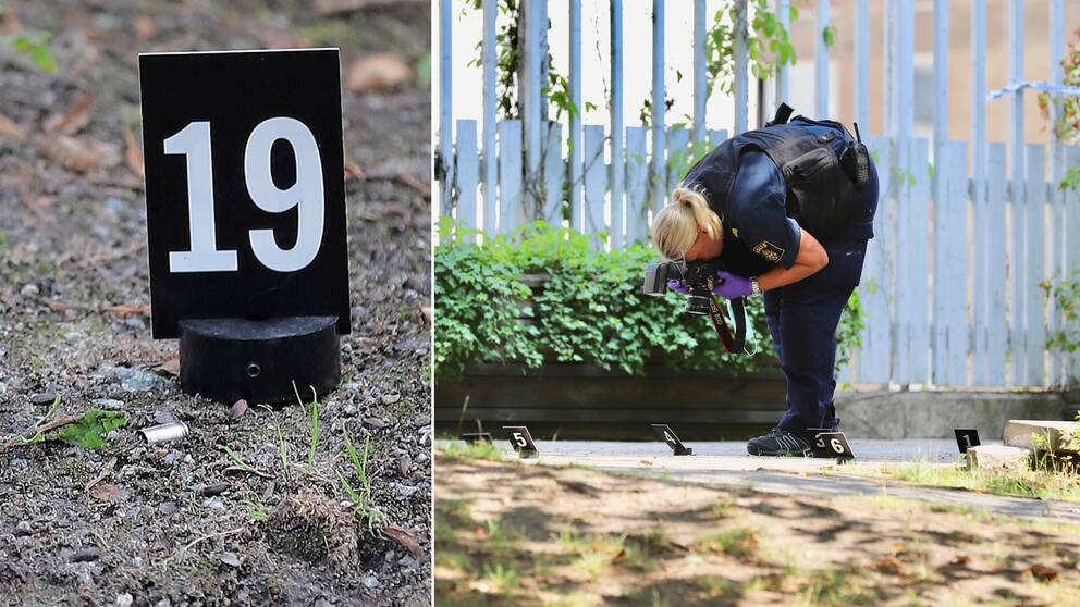 Till vänster en kula på marken där mannen sköts. Till höger en bild på en polis som fotar bevisföremålen.