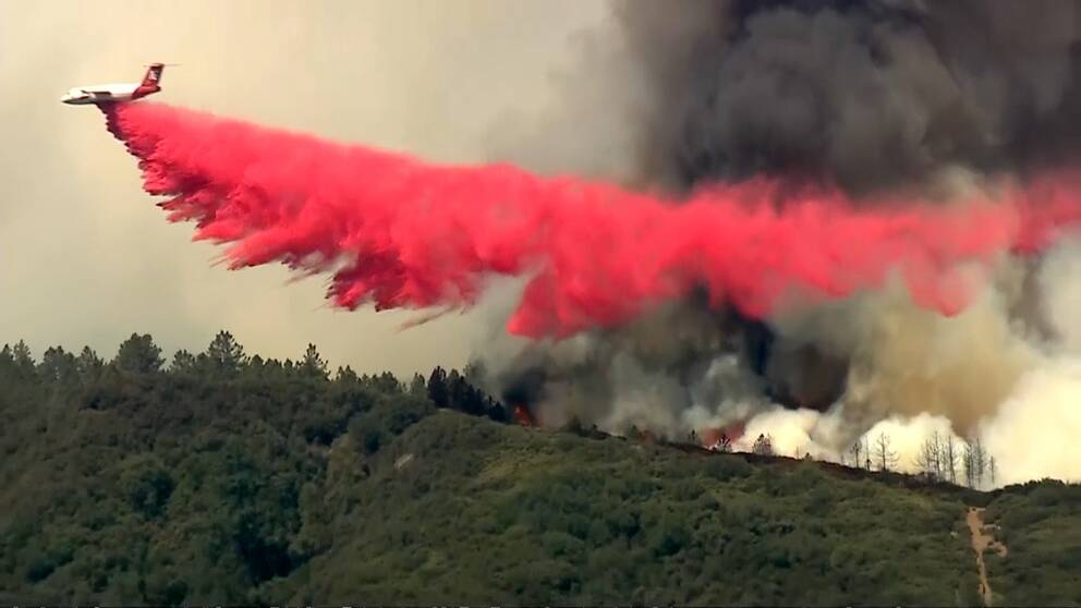 Brandflygplan släcker skogsbrand i Kalifornien.
