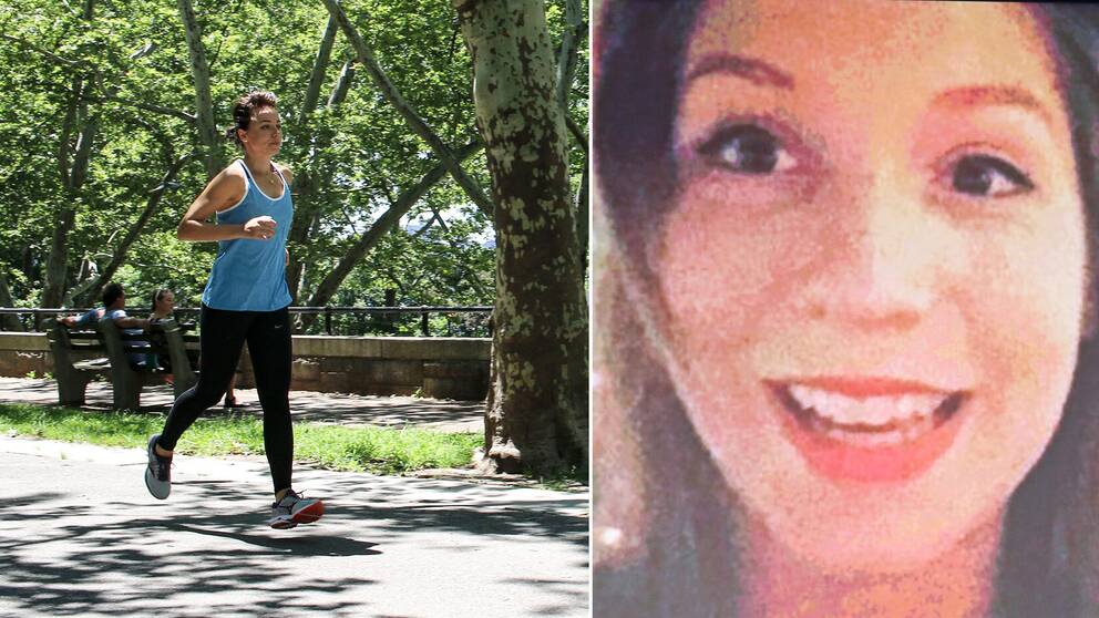 Mia Dahlgren Winther springer utomhus. Sammansatt med en bild på Kim Wall när hon ler.