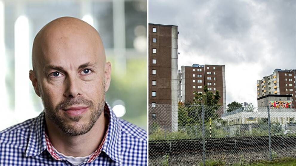 Foto på forskare Patrik Öhberg samt foto på husbyggnader och en tågräls i Fittja