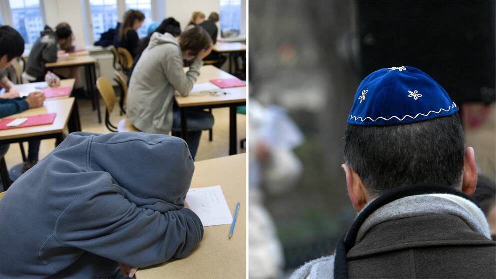 Foto på ett klassrum med en elev som vilar på en bänk samt ett foto på en man som bär en judisk huvudbonad
