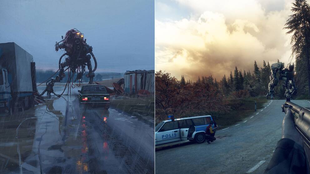 En bild ur Simon Stålenhags Ur varselklotet och en av maskinerna i Generation Zero.