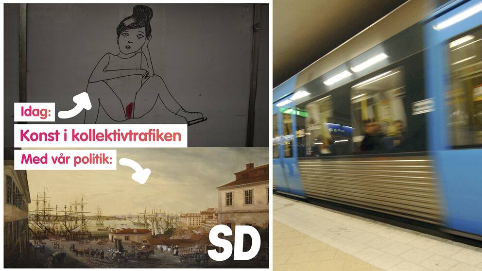 På vänster bild syns en del ur Liv Strömquists bildserie ”The Night Garden” från Slussens tunnelbanestation samt Johan Sevenboms målning ”Utsikt från Brunnsbacken över Saltsjön”. På höger bild syns en tunnelbana i Slussen.