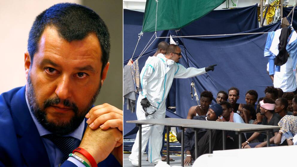 Italiens inrikesminister Matteo Salvini vägrade låta migranterna stiga av fartyget. Till höger italienska myndighetsanställda ombord på båten med migranterna tidigare i veckan.
