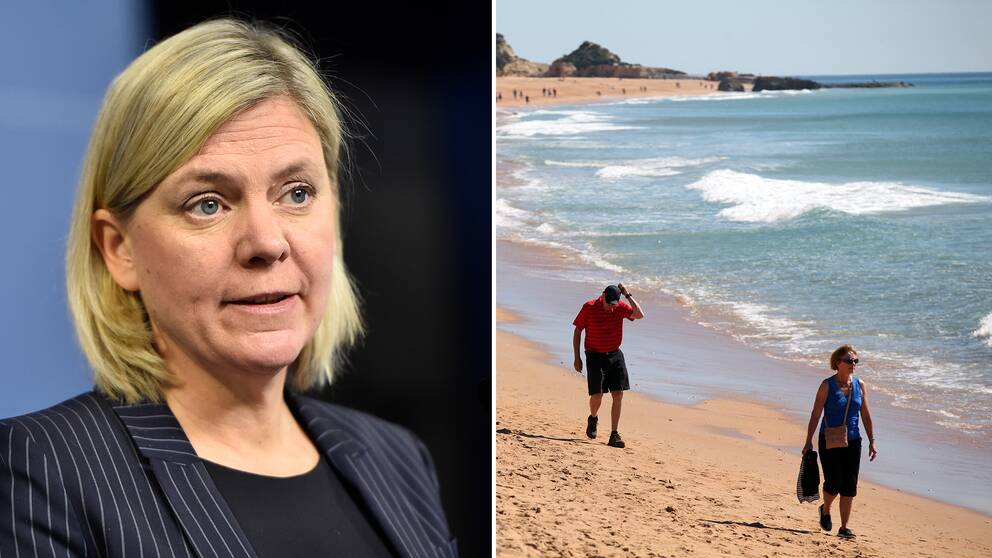 Delad bild: Först finansminister Magdalena Andersson (S), sedan en bild på människor som promenerar längs en strand i Albufeira i södra Portugal.