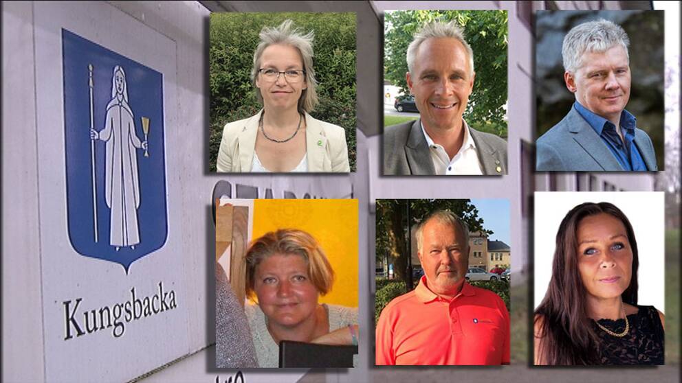 Politker i Kungsbacka kommun. Från översta vänstra hörnet: Maria Losman (MP), Fredrik Hansson (C), Niklas Mattsson (KD), Maria Rasmussen (V), Roger Larsson (Kbabo) och Carita Boulwén (SD)