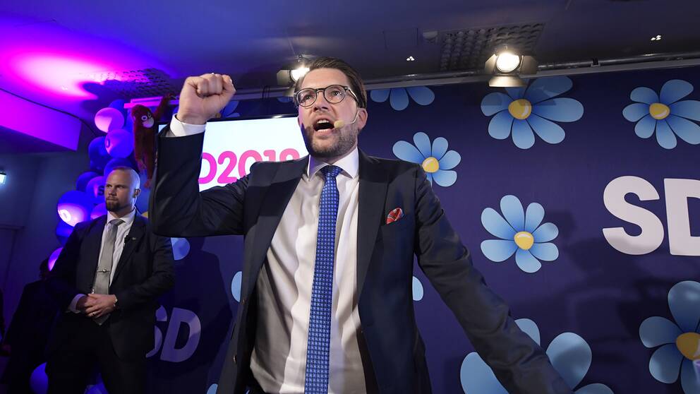Jimmie Åkesson vid Sverigedemokraternas valvaka.