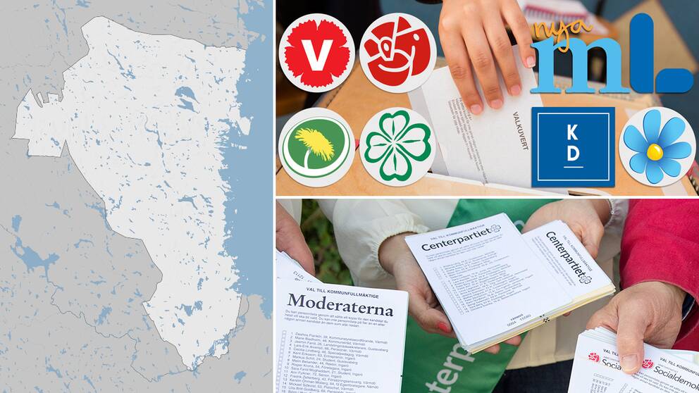 grafik länskarta, partilogotyper, samt händer som visar fram valsedlar