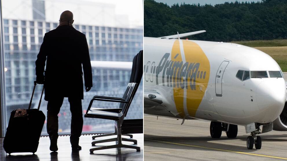 En man med en resväska och ett flygplan