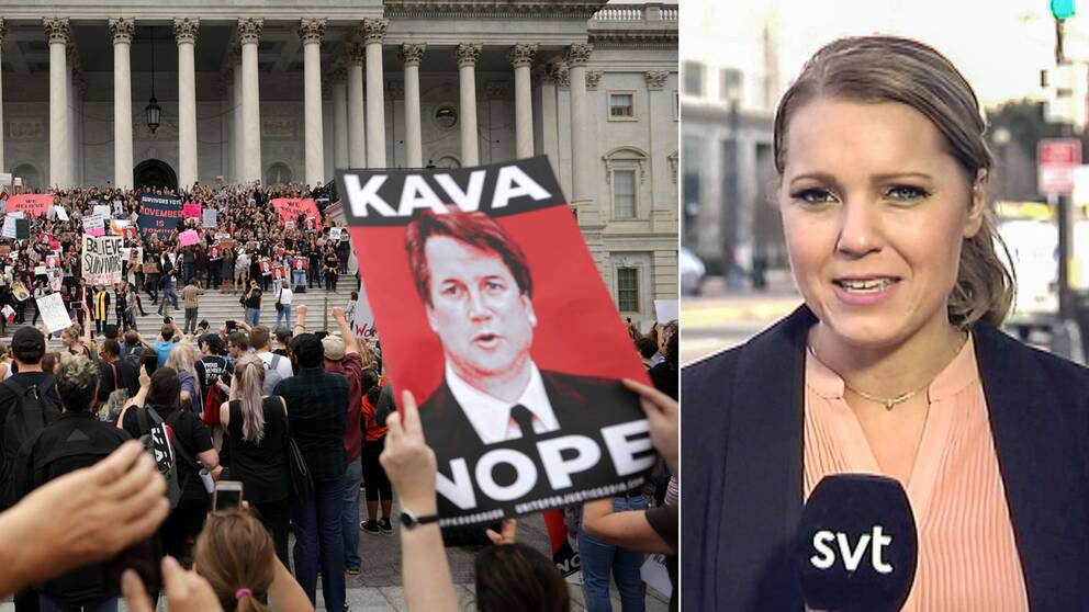 Massiva protester mötte senatorerna när de skulle rösta om Brett Kavanaugh (t.h) på lördagskvällen svensk tid.