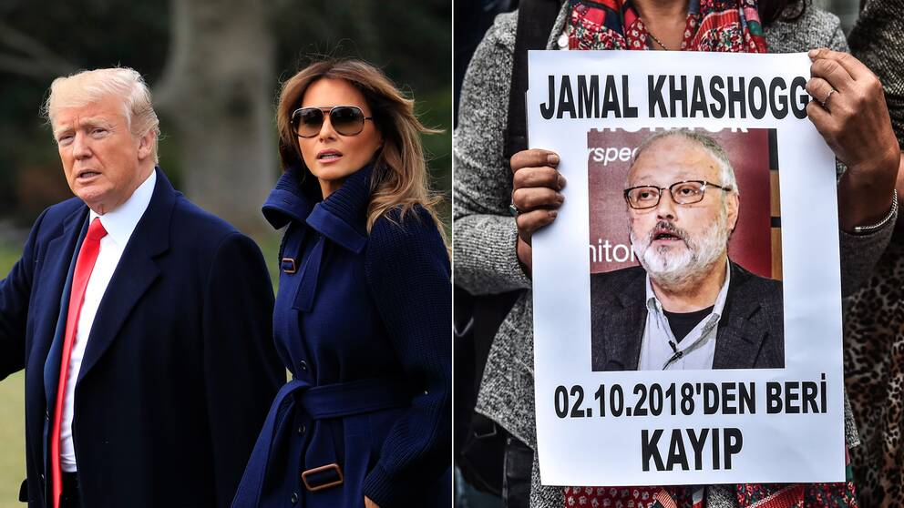 En bild på Donald och Melania Trump och en bild på saudiske journalisten Jamal Khashoggi
