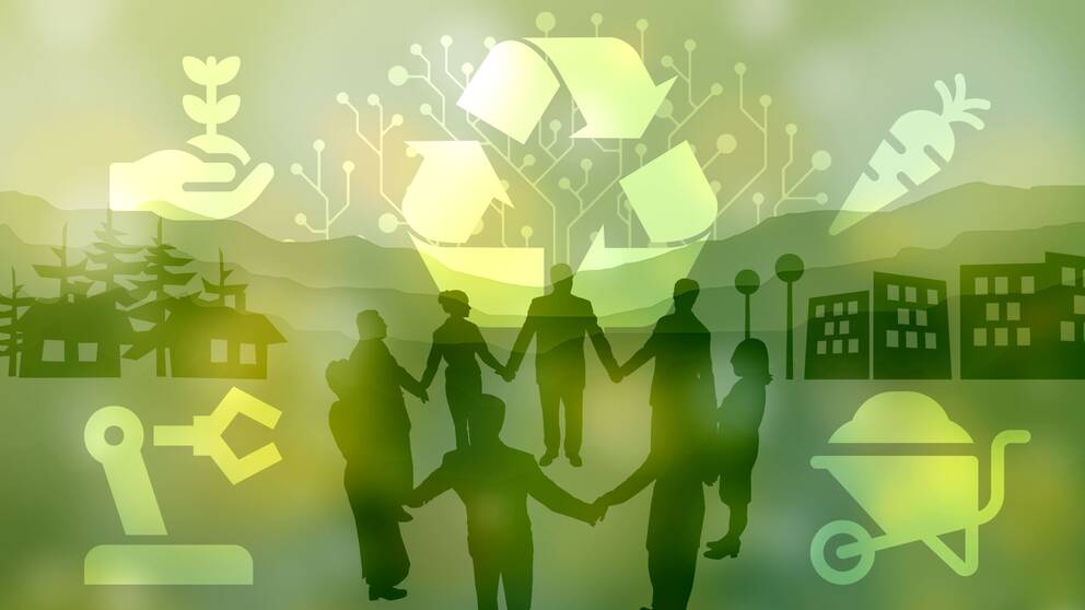 Tecknad bild med återvinningssymbol och människor som håller hand