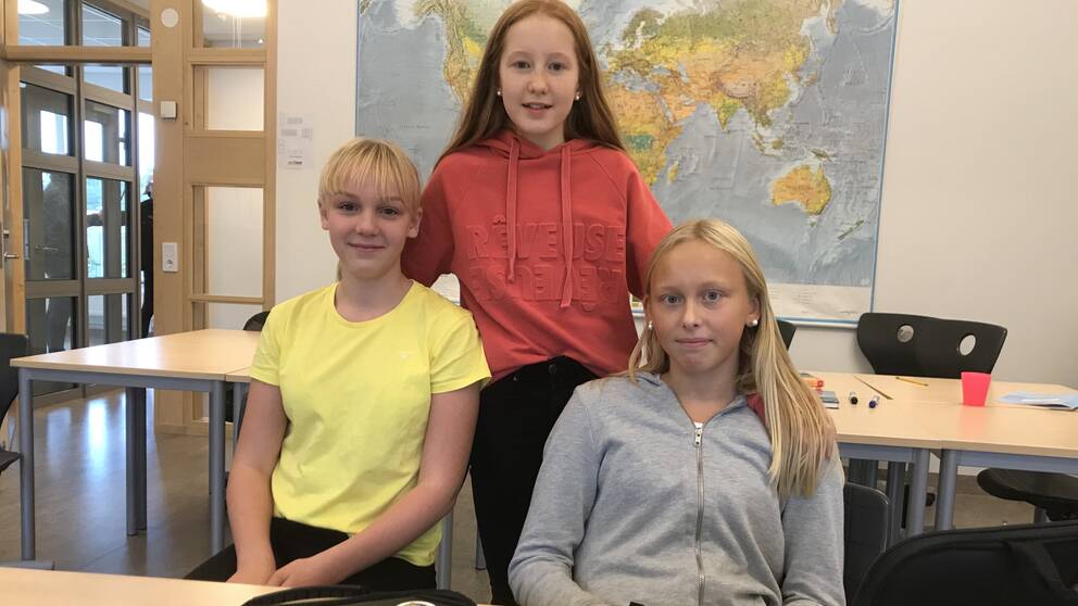 Eleverna som vill förbjuda leksaksvapen. Från vänster: Elvira Ågersten, Alice Lindberg och Polly Rudstam.