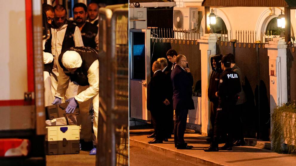 Under tisdagskvällen ska polisen genomsöka den saudiska konsulns hem i Istanbul (t.h). Det efter att bevis hittats under inspektionen på konsulatet på måndagskvällen (t.v).