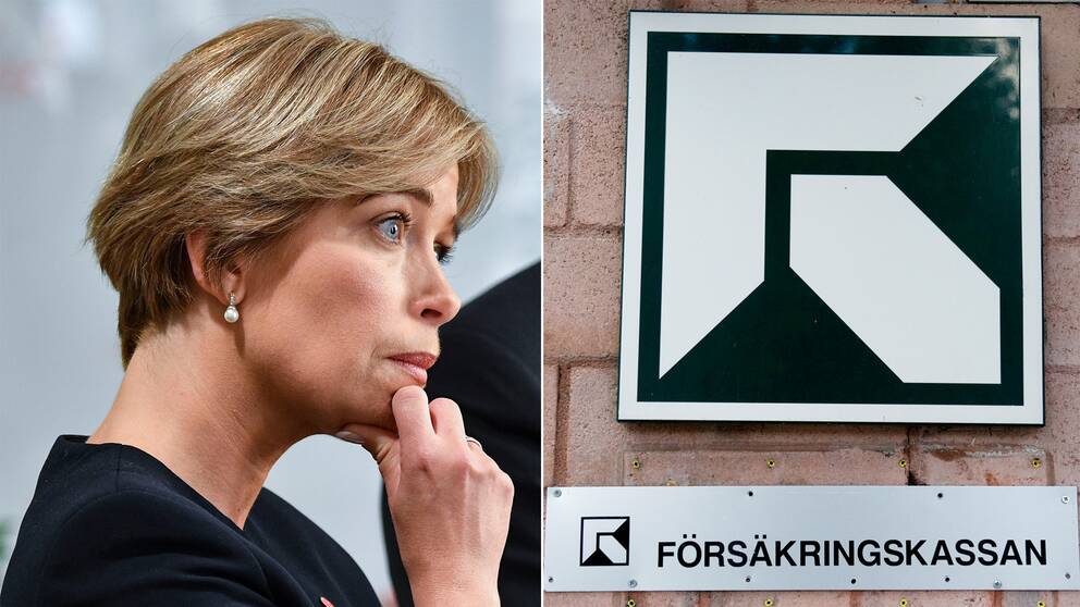Annika Strandhäll och en skylt på Försäkringskassan
