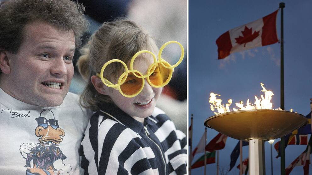 Kanada en klassisk nation i vinter-OS-sammanhang: Till vänster ett minne från åskådare i hockeyarenan Saddledome i Calgary 1988, till höger den olympiska elden senast det begav sig i landet – 2010 i Vancouver