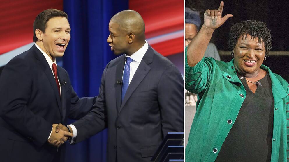 I Florida (till vänster) står guvernörsvalet republikanen Ron DeSantis och Demokraternas Andrew Gillum och i Georgia kan Stacey Abrams (till höger) bli landets första svarta guvenör.