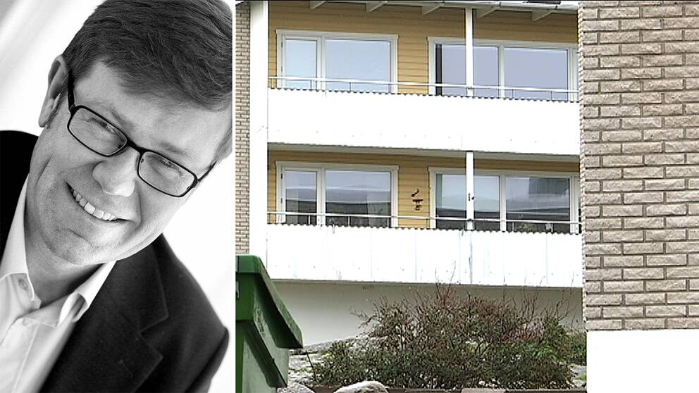 dubbelbild: porträtt på man med glasögon och fasad på lägenhetshus