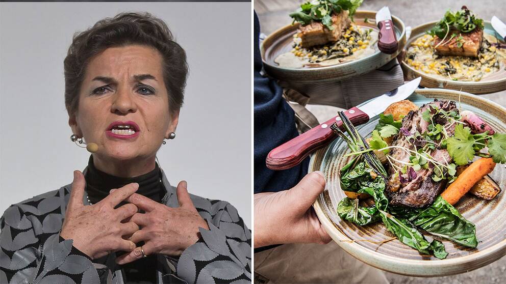 FN:s före detta klimatchef Christiana Figueres och kökspersonal som serverar kött.