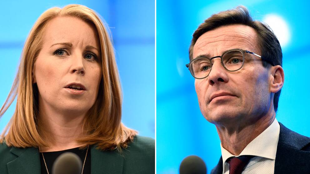 Annie Lööf (C) och Ulf Kristersson (M) riktar kritik mot varandra i sociala medier-poster