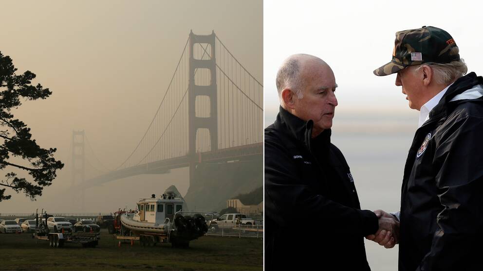 Till höger Donald Trump som skakar hand med Kaliforniens guvernör Jerry Brown efter att ha stigit av planet under lördagen.Till vänster Golden Gate-bron i röken från bränderna.