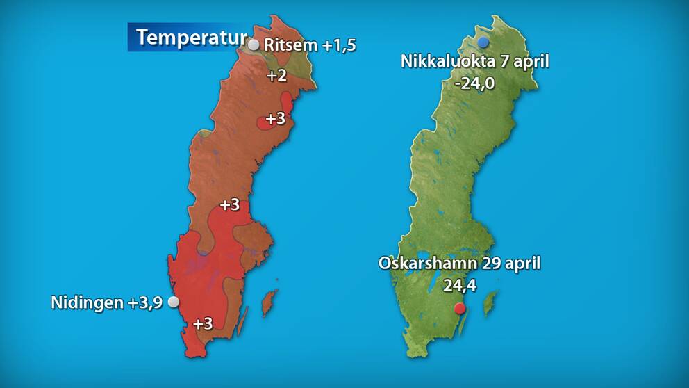 Till vänster månadens medeltemperatur jämfört med referensperioden 1961-1990 (och de stationer som fick störst/minst över/underskott). Till höger månadens högsta och lägsta temperatur.