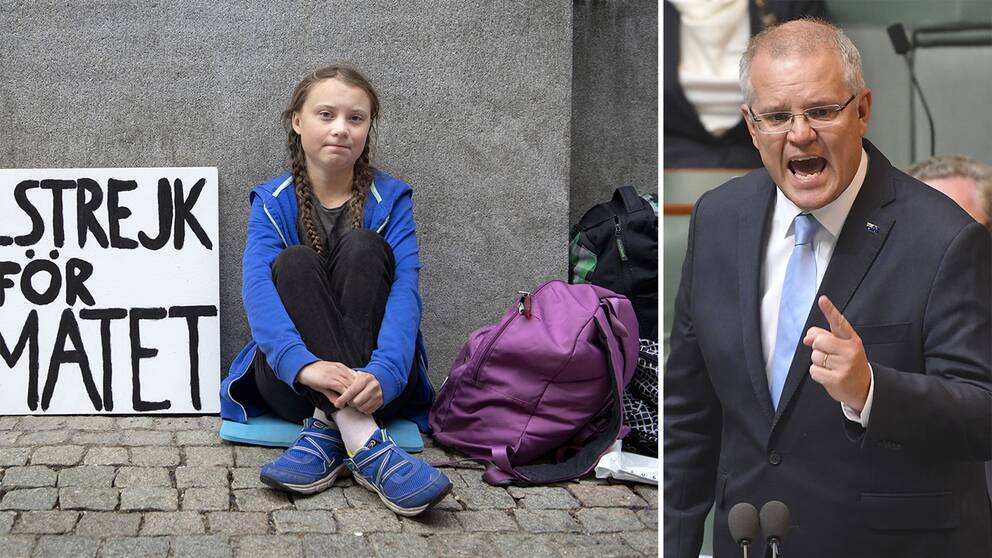 På bilden syns Greta Thunberg, 15, och Australiens premiärminister Scott Morrison.