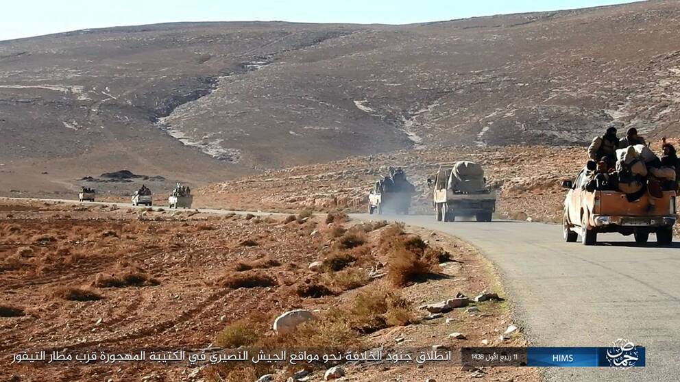 En IS-konvoj på väg genom öknen öster om Palmyra i december 2016.