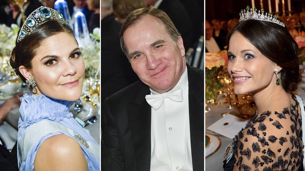 Kronprinsessan Victoria, statsminister Stefan Löfven och prinsessan Sofia sitter vid huvudbordet på Nobelfesten.