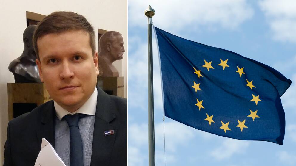Ville Tavio och en EU-flagga.