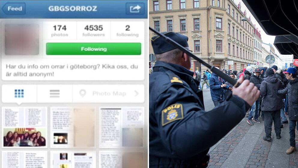 Instagramupploppet i Göteborg. Polis med batong, skärmdump från Instagram.